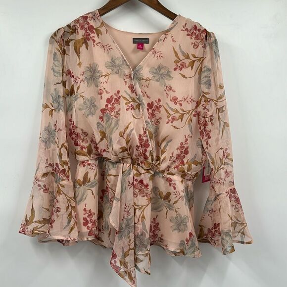 Vice Camuto Double Layer Sheer Peplum Top with Bell Sleeves Floral XS - Picture 1 of 8